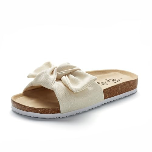 PepStep Slide Sandals for Women or Ladies Dressy Summer Casual, Cute Bow Tie Knot On Top Strap, Comfy Slip On Cork Foot Bed（7,ShinningBeige | Amazon (US)