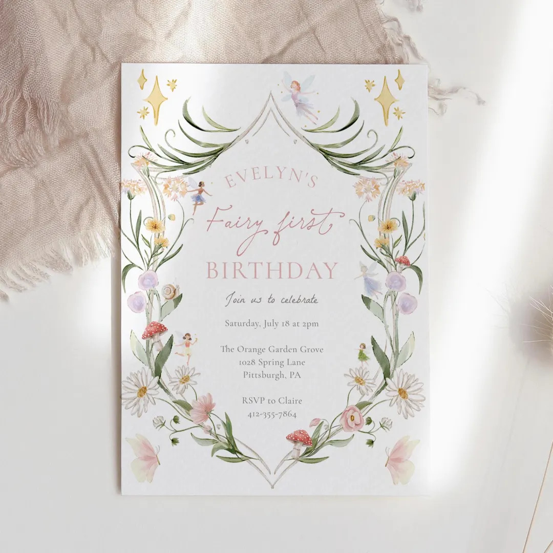 Fairy First Birthday Invitation | Whimsical Folk Art Style Digital Printable Invite for Girl's Fi... | Etsy (US)