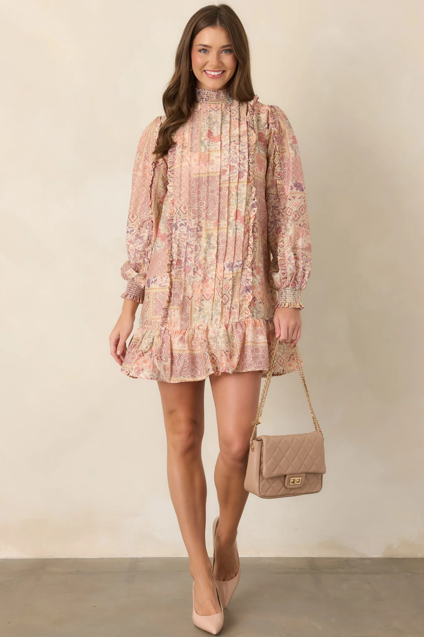 Pattern of Perfection Blush Multi Patchwork Print Mini Dress | Red Dress