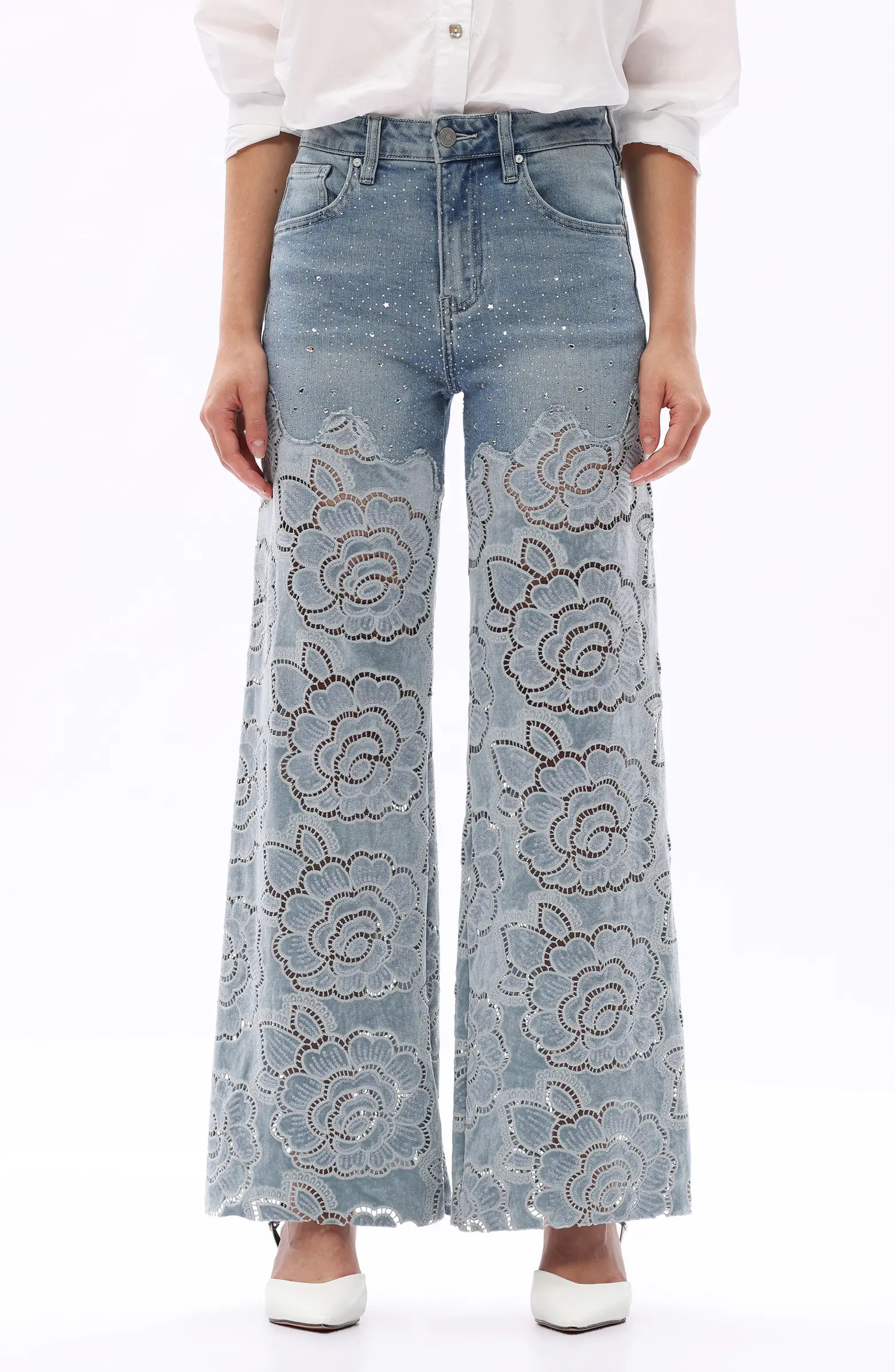 Bayeas Rhinestone High Waist Wide Leg Eyelet Jeans | Nordstrom | Nordstrom
