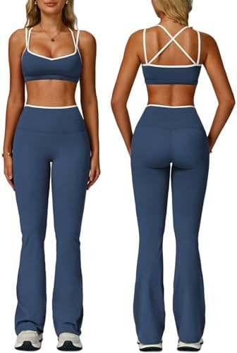 ABOCIW Workout Sets for Women 2 Piece Color Block Strappy Sports Bra High Waist Flare Leggings Gy... | Amazon (US)