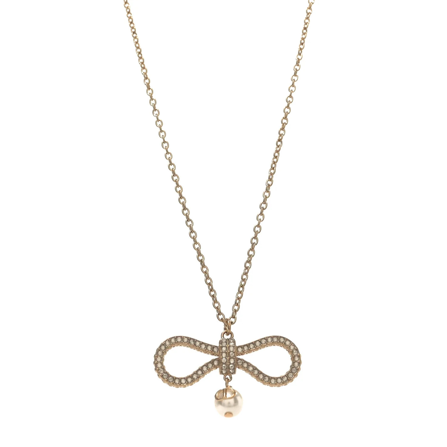 Metal Crystal Pearl CD Bow Necklace Gold | FASHIONPHILE (US)