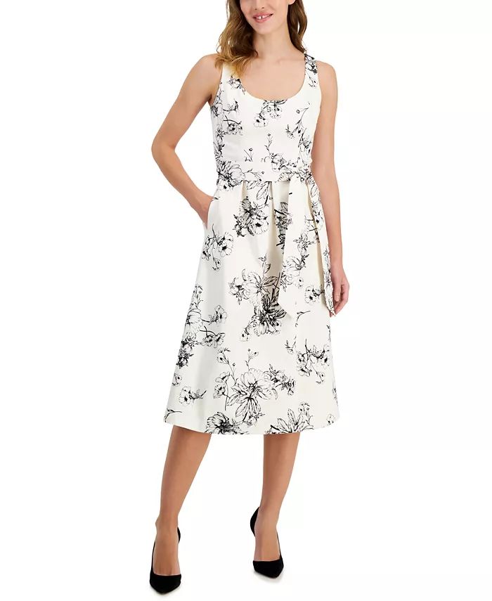 Women's Belted Floral-Print Midi Dress | Macy's