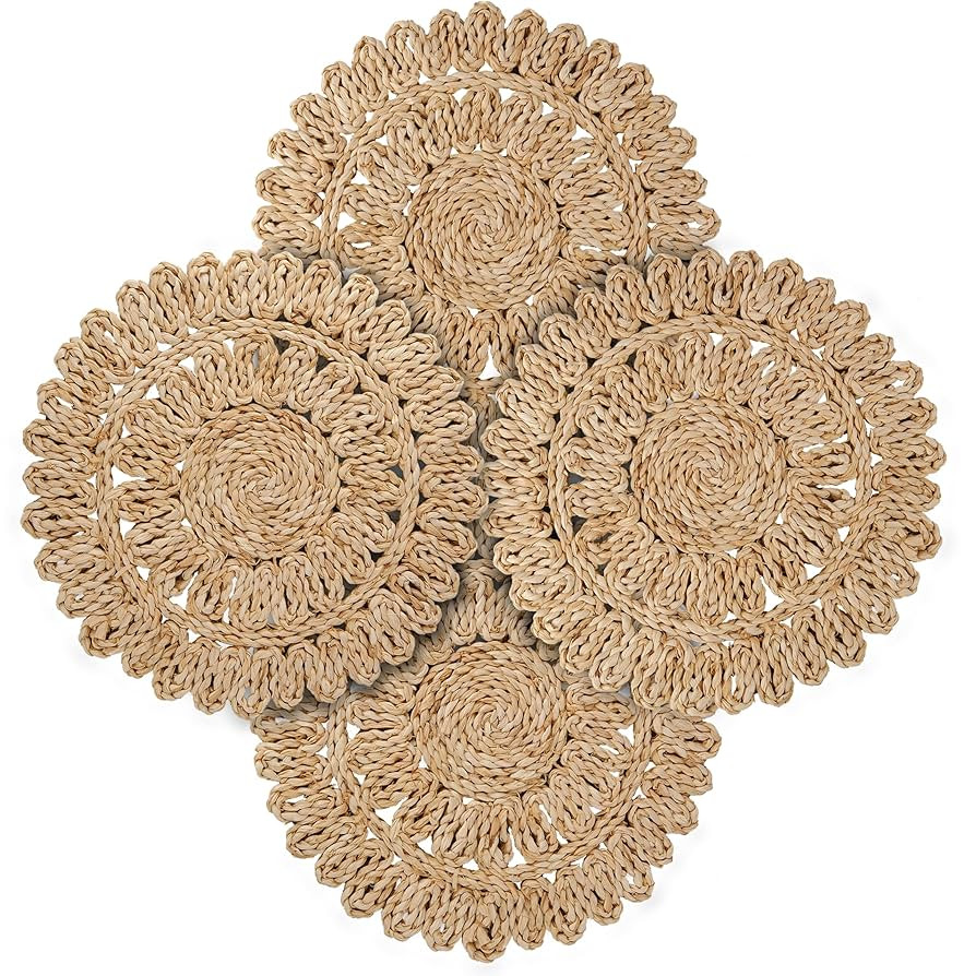 13.8" Corn Husk Woven Round Placemats Set of 4 - Wicker Boho Farmhouse Placemats - Rattan Table M... | Amazon (US)