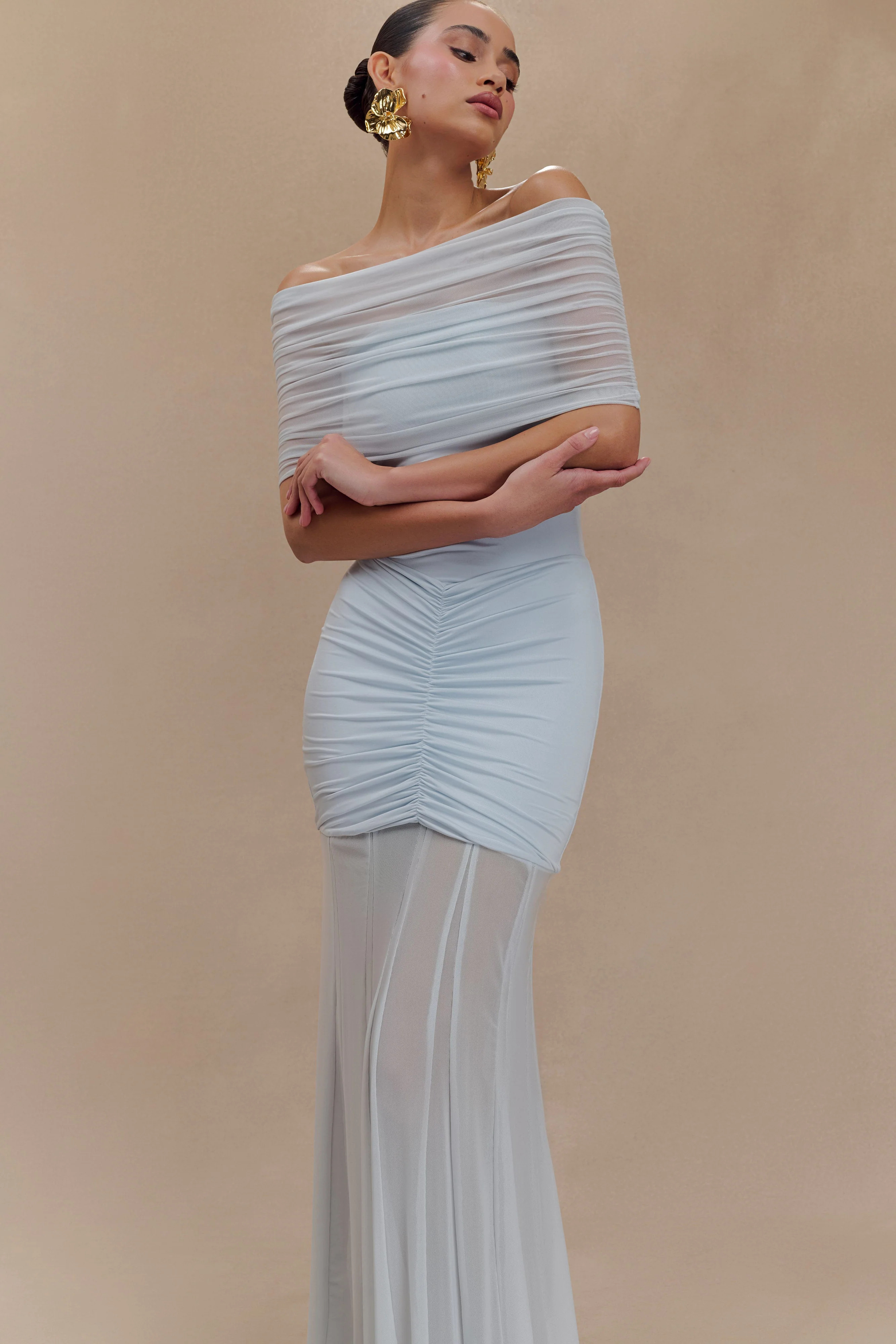 Slinky And Mesh Off Shoulder Maxi Dress - Pale Blue | MESHKI US