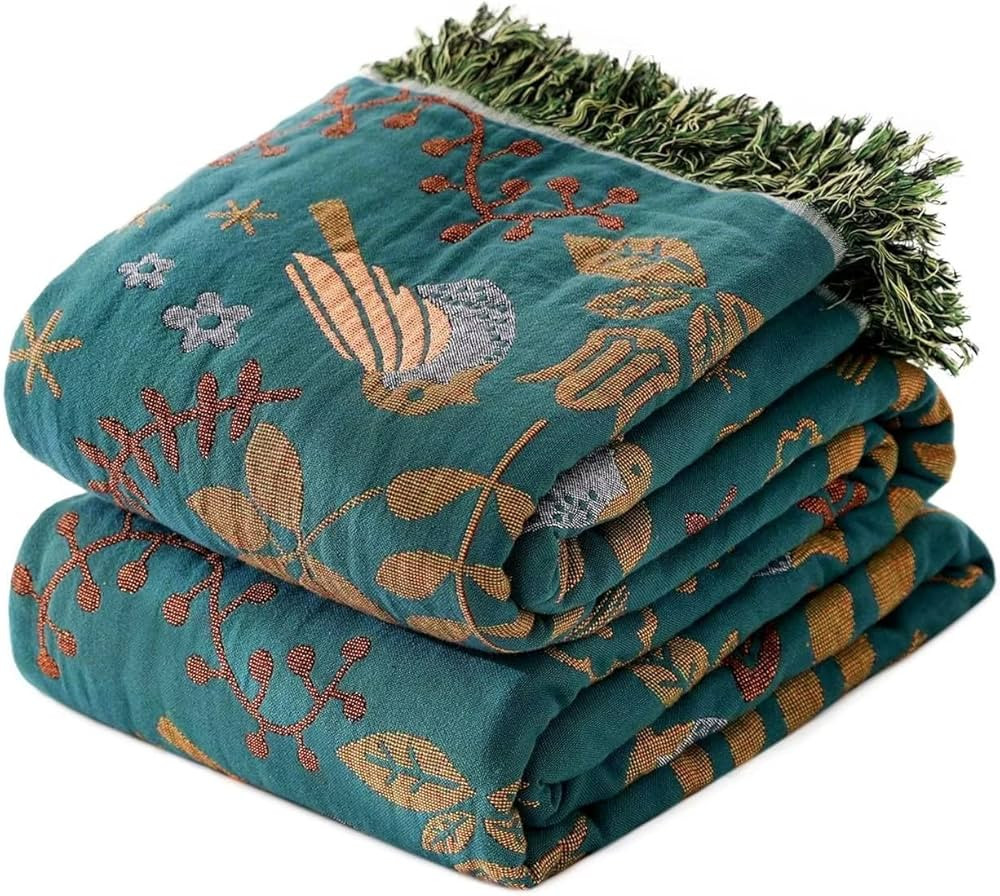Boho Throw Blanket for Bed - 100% Cotton Ultra Soft Rustic Quilt - Fall Blanket Bird Floral Print... | Amazon (US)