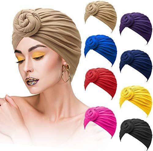 SATINIOR 8 Pieces Women African Turban Flower Knot Headwrap Pre-Tied Bonnet Beanie Cap Headwrap Hair | Amazon (US)