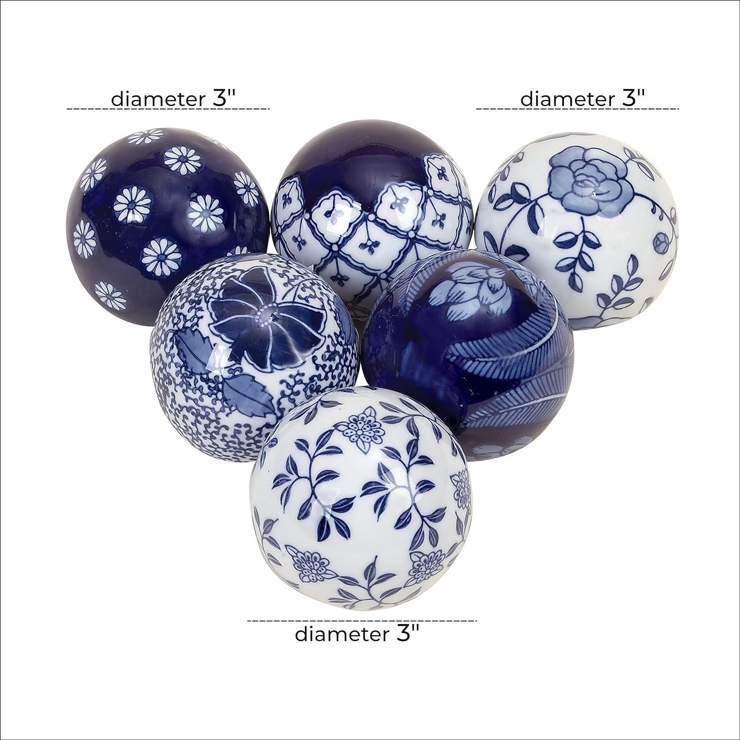 Deco 79 Ceramic Round Orbs & Vase Filler with Varying Patterns, Set of 6 3"D, Blue | Amazon (US)