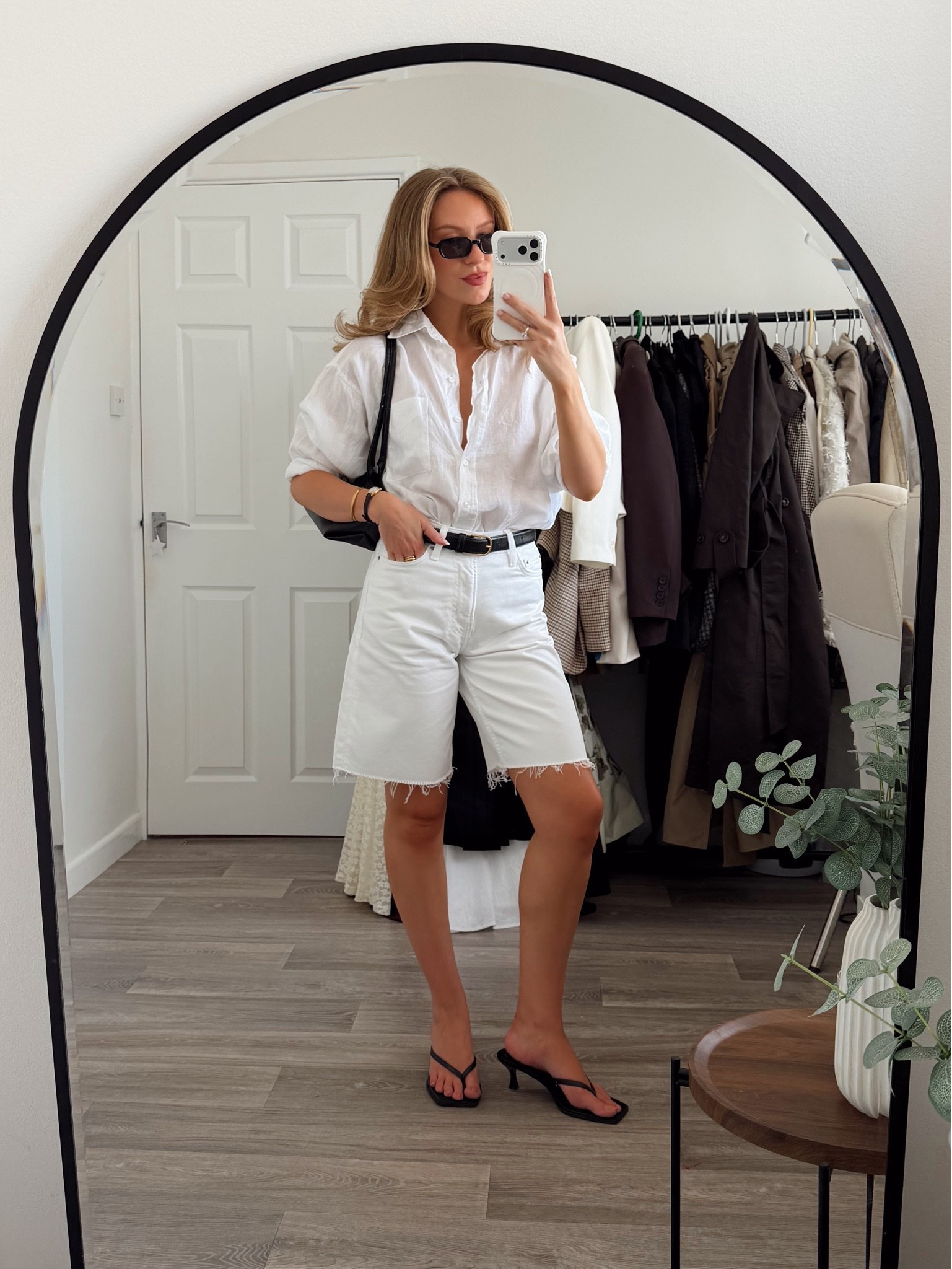 White Bermuda shorts, denim shorts, linen shirt, thong heel sandals

#LTKuk #LTKsummer #LTKstyletip