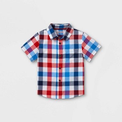 Toddler Boys' Plaid Poplin Woven Short Sleeve Button-Down Shirt - Cat & Jack™ Red | Target