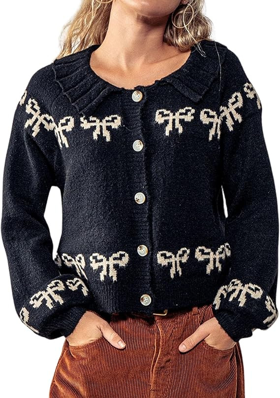 Womens Scalloped Collar Bow Sweater Cardigan Y2K Long Sleeve Embroidered Knitwear Outerwear | Amazon (US)