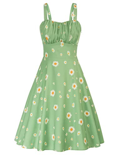 Women's Vintage Summer Floral Sage Green Dress Sleeveless Ruched A Line Flare Dresses Beach Sundresses Daisy Dress 2XL | Amazon (US)