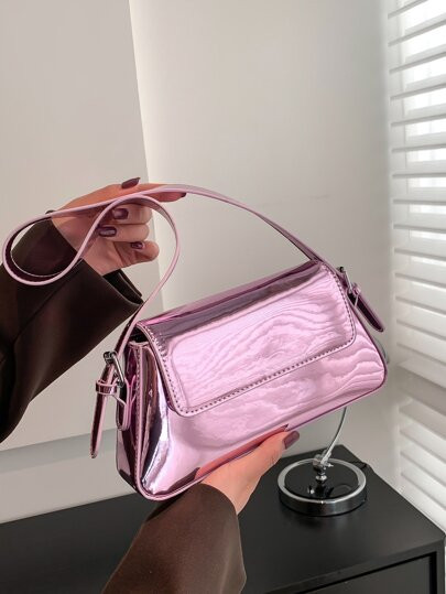 Metallic Flap Baguette Bag | SHEIN
