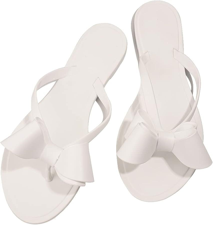 Women Rivet Flip Flops Studded Jelly Thong Sandals with Bow Summer Bowtie Flat Beach Rain Shoes | Amazon (US)