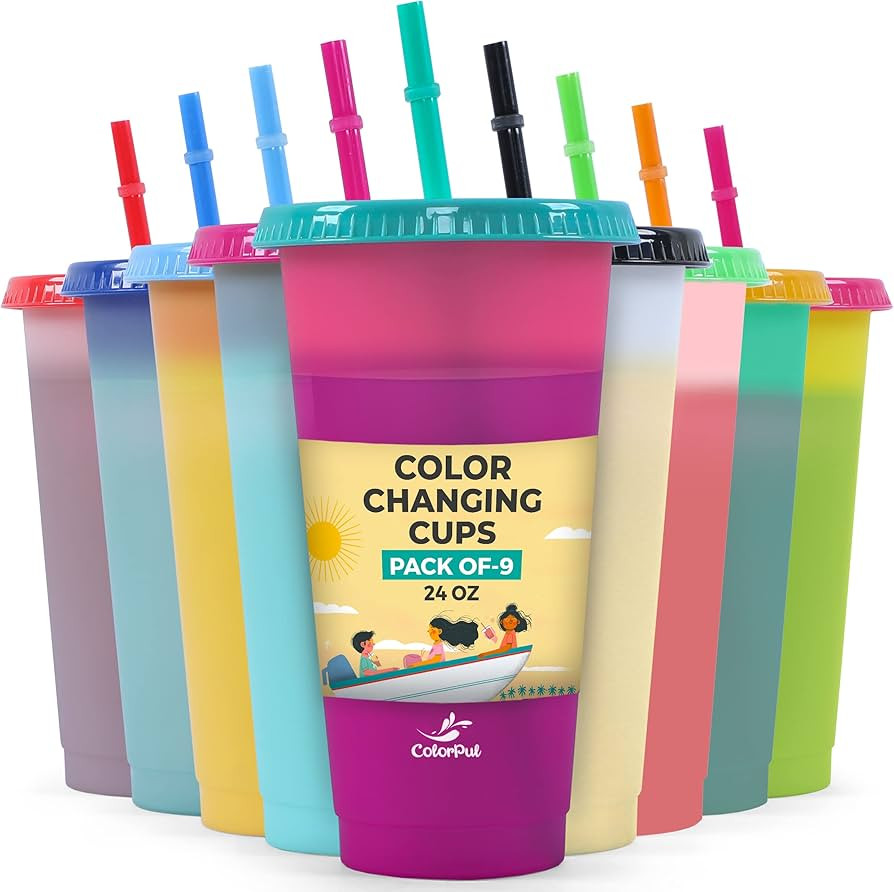 24oz Plastic Tumblers - 9 Pack Color Changing Cups With Lids and Straws - Reusable Smoothie Cups ... | Amazon (US)