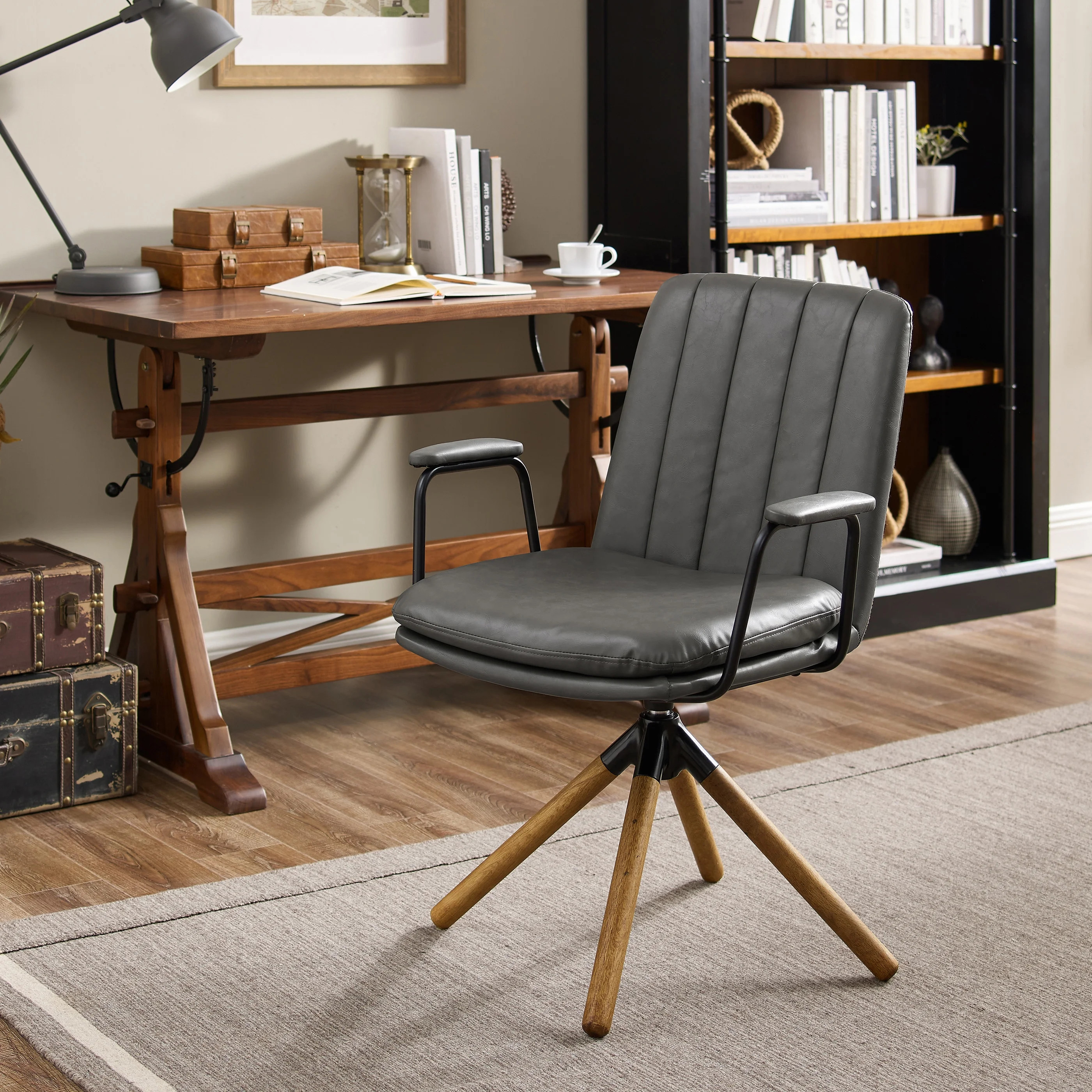 Art Leon Mid-Century Swivel Accent Chair - No Wheels,Upholstered Faux Leather Desk Chair with Oak... | Walmart (US)