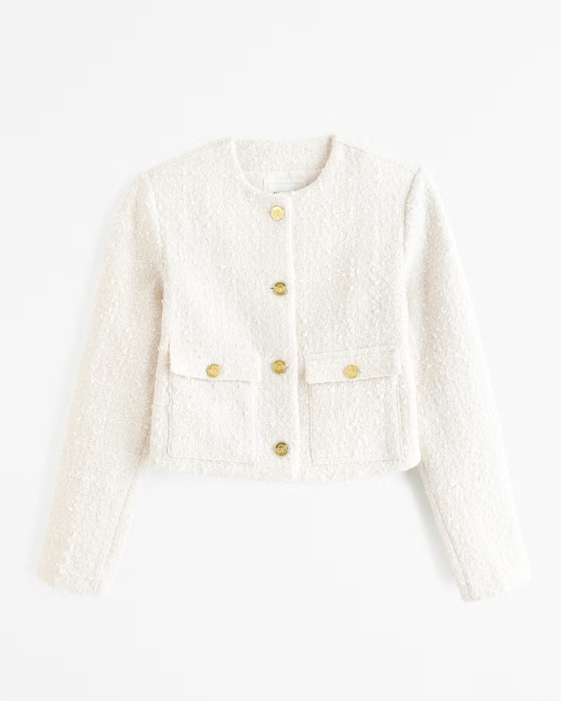 Abercrombie & Fitch Women's Collarless Tweed Jacket in Cream - Size XXS | Abercrombie & Fitch (US)