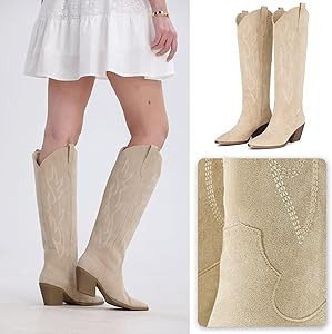 iiimmu Cowgirl Boots Women Knee High Boots Pointed Toe and Block Heel Cowboy Suede and Faux Leath... | Amazon (US)