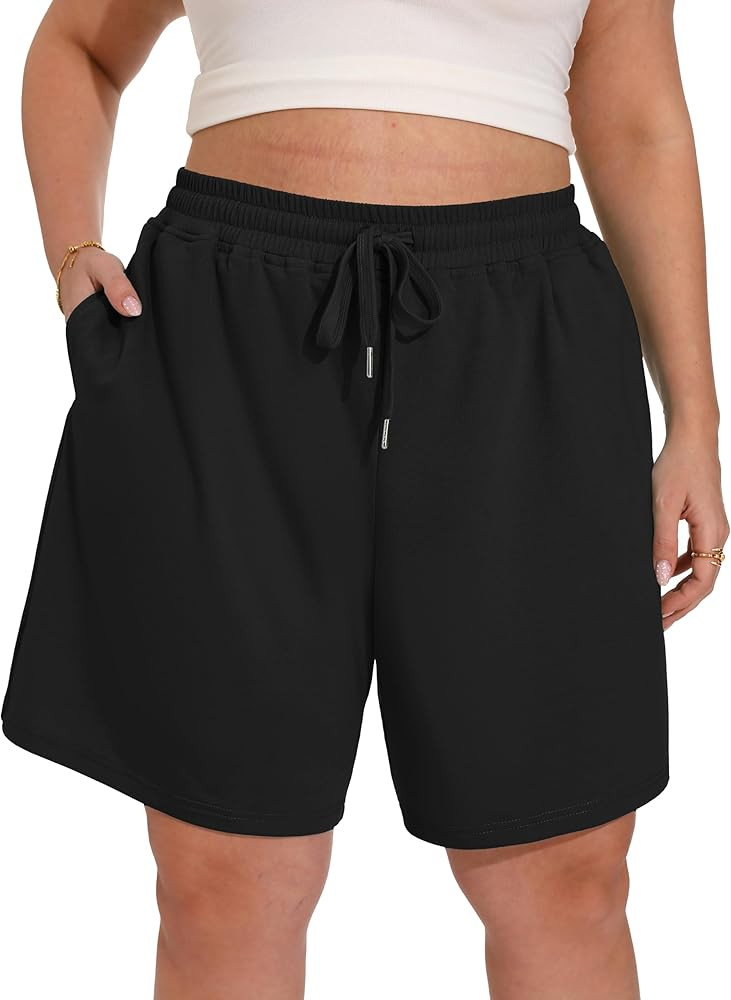 OLRIK Plus Size Bermuda Shorts for Women - 8 Inch Long High Waisted Summer Sweat Shorts Walking A... | Amazon (US)