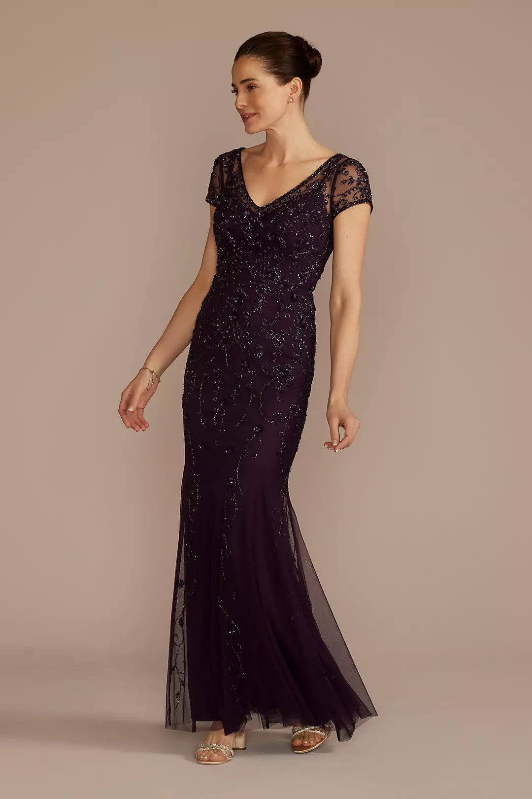 Short Sleeve Beaded Sheath Dress with Godets | David's Bridal