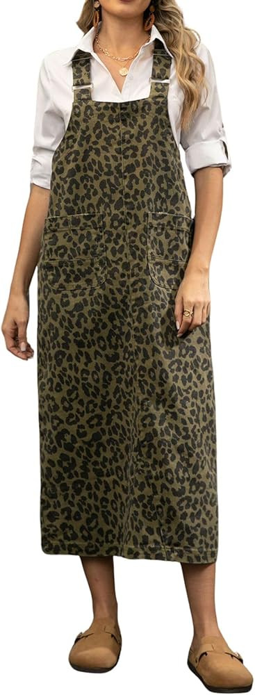 loveimgs Women Casual Leopard Long Denim Dress Bib Overall Pinafore Strap Cheetah Print Jean Jump... | Amazon (US)