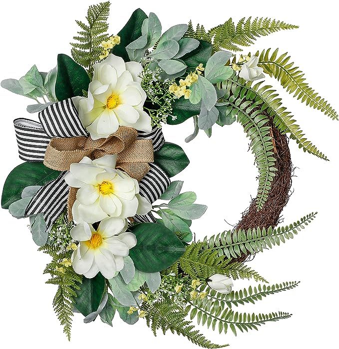 Valery Madelyn 24 inch Spring Wreaths for Front Door,Magnolia Wreath with Fern Leaves, Large Arti... | Amazon (US)