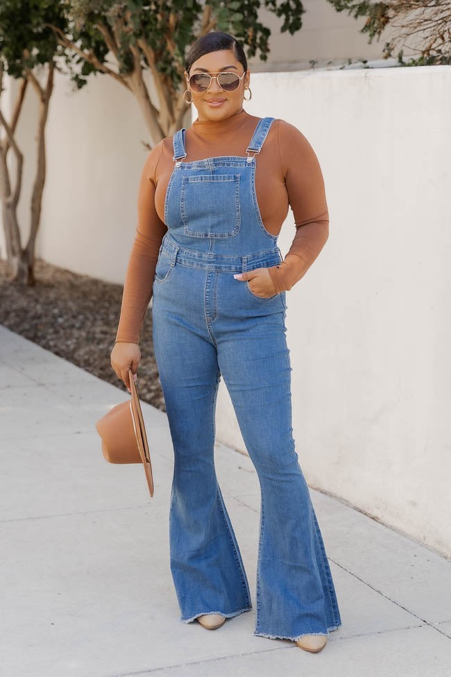 My Baby Loves Me Medium Wash Flared Overalls | Pink Lily