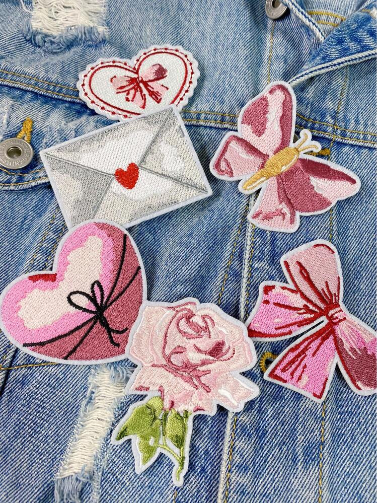 1 Set Of 2/6pcs Pink Romantic Series Embroidery Patches Envelope Heart Butterfly Rose Bow Iron On... | SHEIN