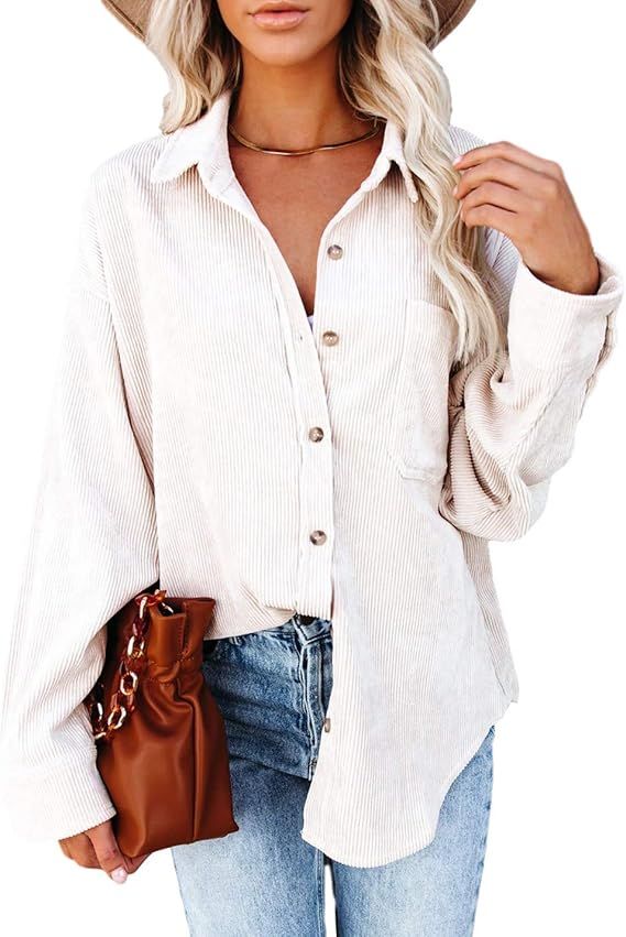 Omoone Women's Vintage Corduroy Button Down Long Sleeve Ribbed Shirt Coat Shacket | Amazon (US)