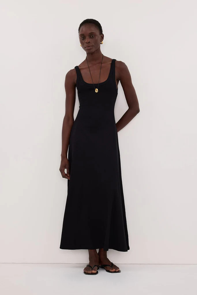 PHOEBE BLACK SLEEVELESS SCOOP NECK MIDI DRESS | DISSH