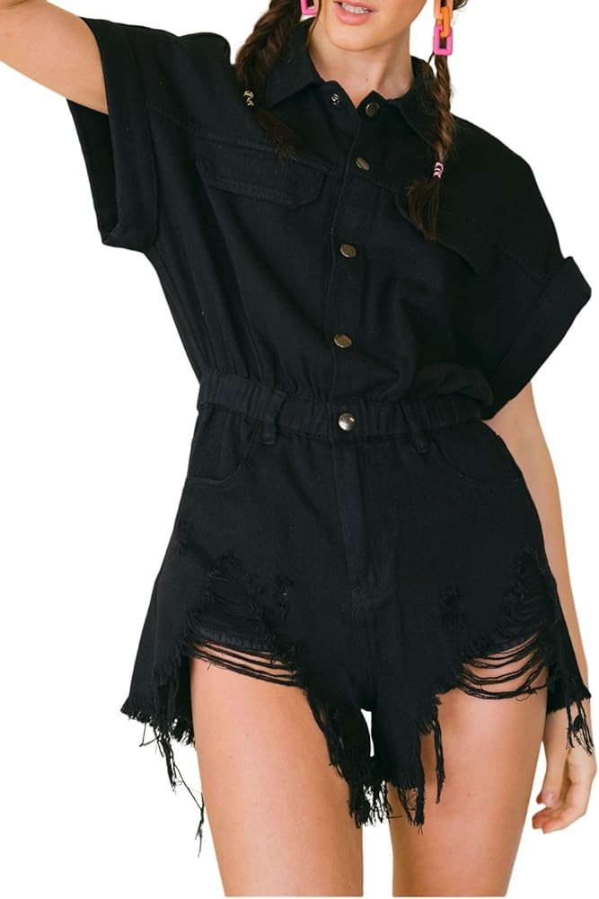 Women's Distressed Denim Romper Short Cuffed Sleeve Jean Jumpsuit Collared Ripped Frayed Shortall... | Amazon (US)