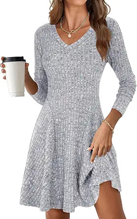 ANRABESS Women Long Sleeve Ribbed Knit Short Dresses 2026 Spring V Neck Casual Swing A Line Sweat... | Amazon (US)