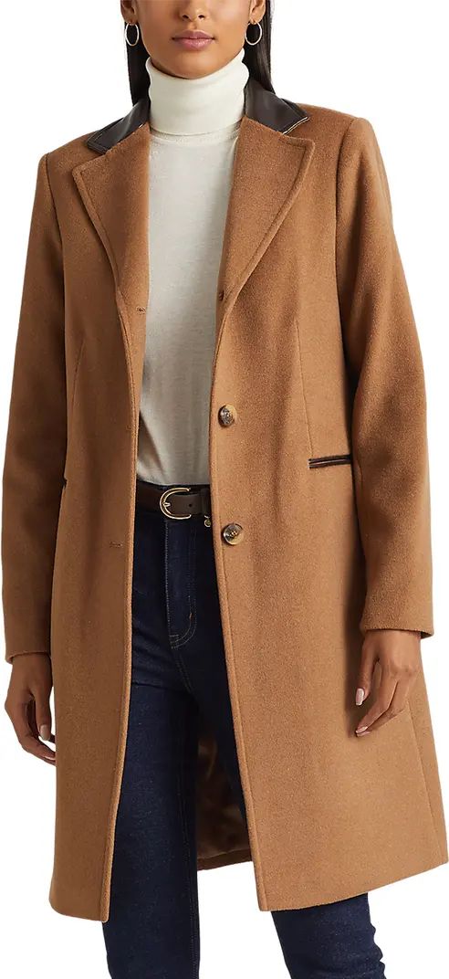 Lauren Ralph Lauren Faux Leather Trim Wool Blend Coat | Nordstrom | Nordstrom