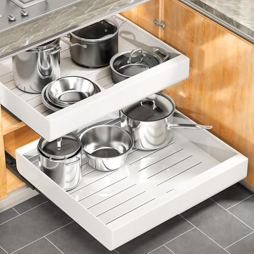 Pull out Cabinet Organizer, 2-pack, Expandable(12"-20") Heavy Duty Slide out Drawers Fixed with Adhesive Nano Film for Pots, Roll out Shelf Storage for Kitchen Base Cabinet Organization(3 Rails) | Amazon (US)