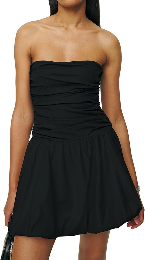 Womens Ruched Strapless Mini Dress Flare Slim Fit Back Smocked A Line Casual Flowy Short Tube Top... | Amazon (US)