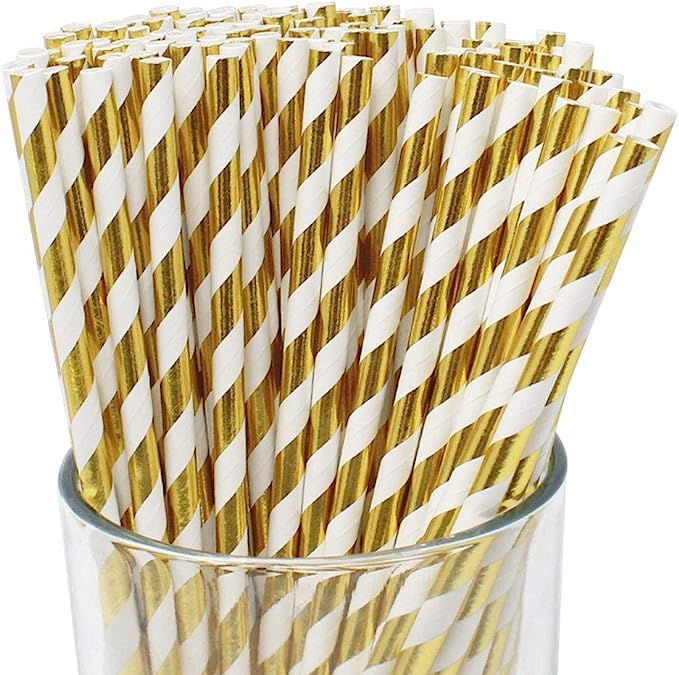 Amazon.com: Just Artifacts Premium Disposable Drinking Striped Paper Straws (100pcs, Metallic Gol... | Amazon (US)