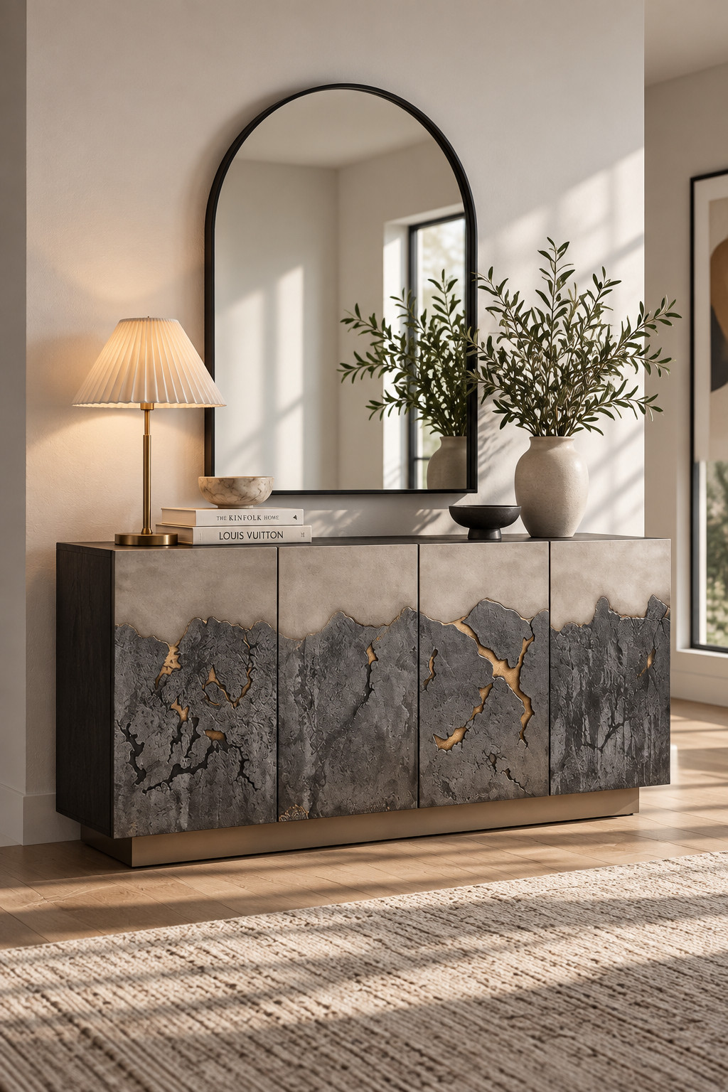 This sideboard is basically functional art 😍 The gray stone-inspired front with gold veining looks so unique and luxe, and the long cabinet design gives you tons of hidden storage. Such a gorgeous statement for a modern dining room or entryway. Found in the Wayfair Warehouse Sale — up to 60% off! #MalibuSideboard #WayfairSale #LuxurySideboard #StatementFurniture #ModernDiningRoom #BuffetCabinet #HomeDecorFinds #FurnitureSale 

 #LTKSeasonal #LTKHome #LTKSaleAlert