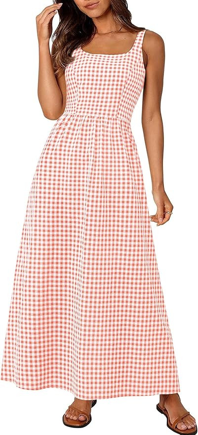 PRETTYGARDEN Women's 2025 Summer Spaghetti Strap Maxi Dresses Plaid Square Neck A Line Casual Bea... | Amazon (US)