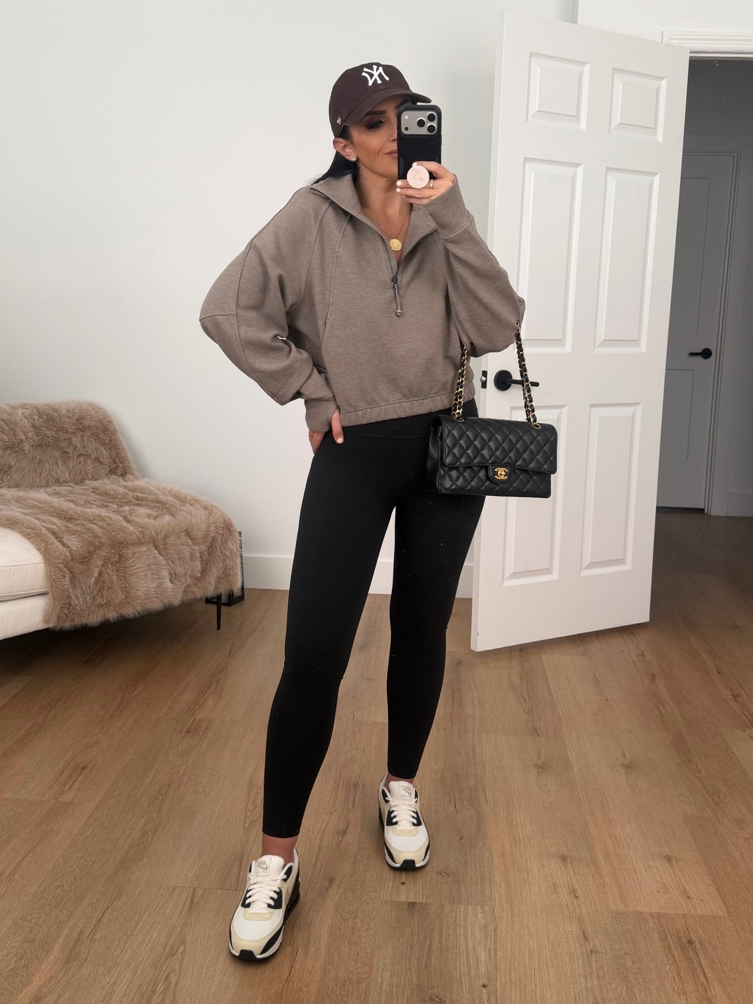 Lululemon scuba cropped funnel neck half zip waffle in warm ash grey wearing size medium 