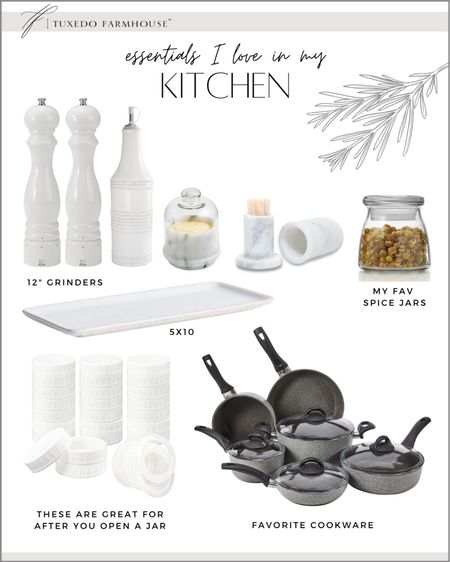 Kitchen essentials I love. Salt grinder, pepper grinder, salt mill, pepper mill, oil cruet, oil bottle, marble butter keeper, marble toothpick holder, spice jars, ceramic tray, jars lids, plastic jar covers, cookware, nonstick cookware  

#LTKhome