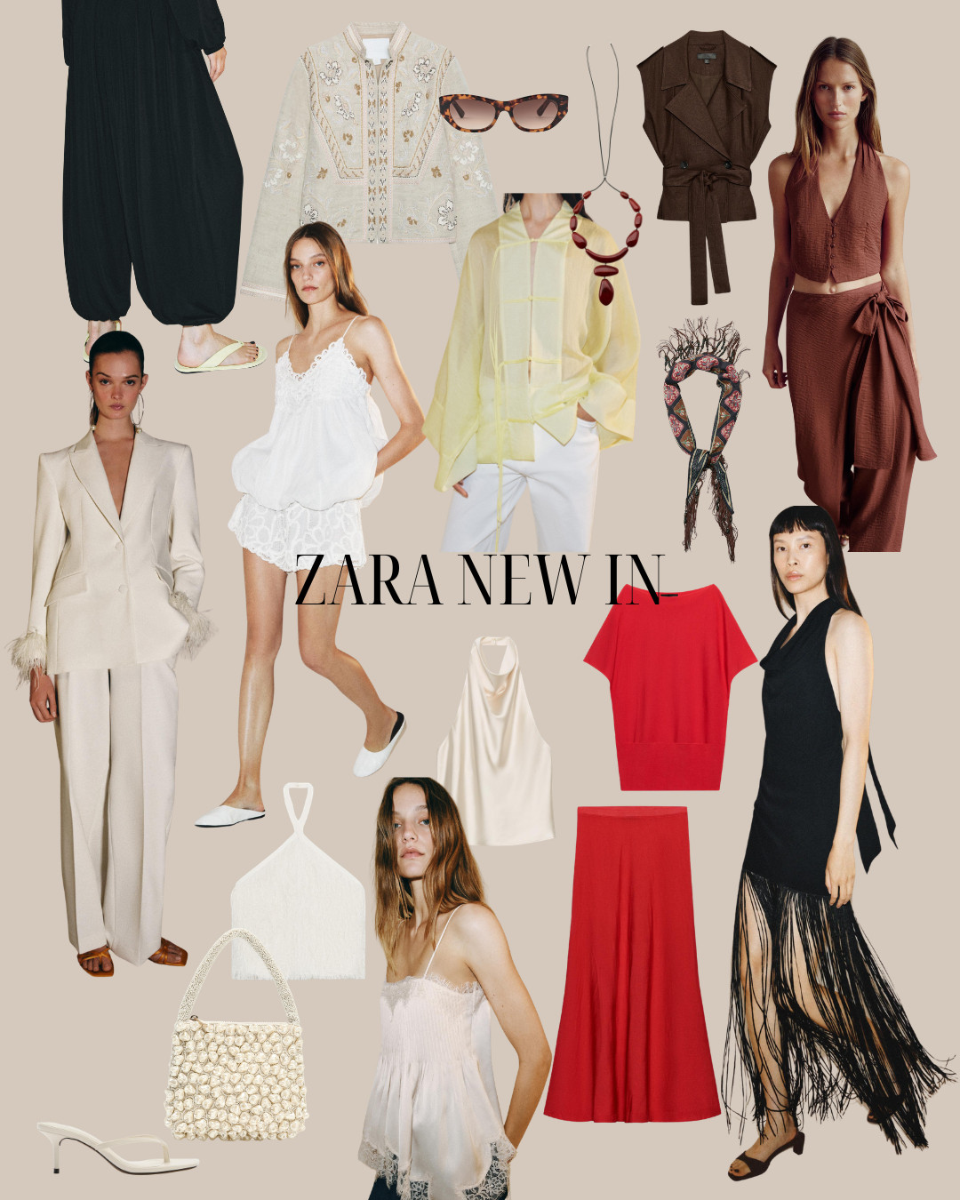 zara new in, neutral fashion, summer outfit ideas, brown co-ord, red knit set, black fringe dress, cream trouser suit, white lace cami, sheer yellow blouse, embroidered cream jacket, satin halter top, wide leg trousers, balloon trousers, white kitten heels, woven shoulder bag, statement necklace, tortoiseshell sunglasses, printed scarf, elevated basics, chic resort style 

 #LTKuk #LTKsummer #LTKeurope