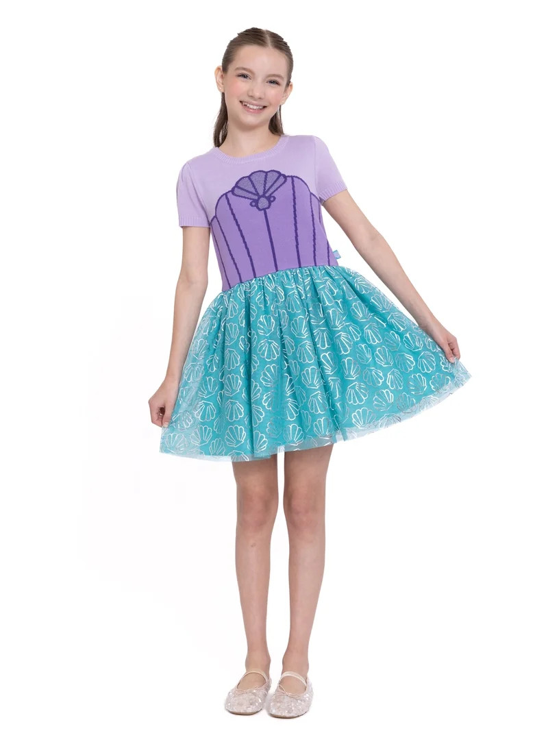 Girls Disney Princess The Little Mermaid Ariel Cosplay Short Sleeve Sweater Dress, Sizes 4-12 | Walmart (US)