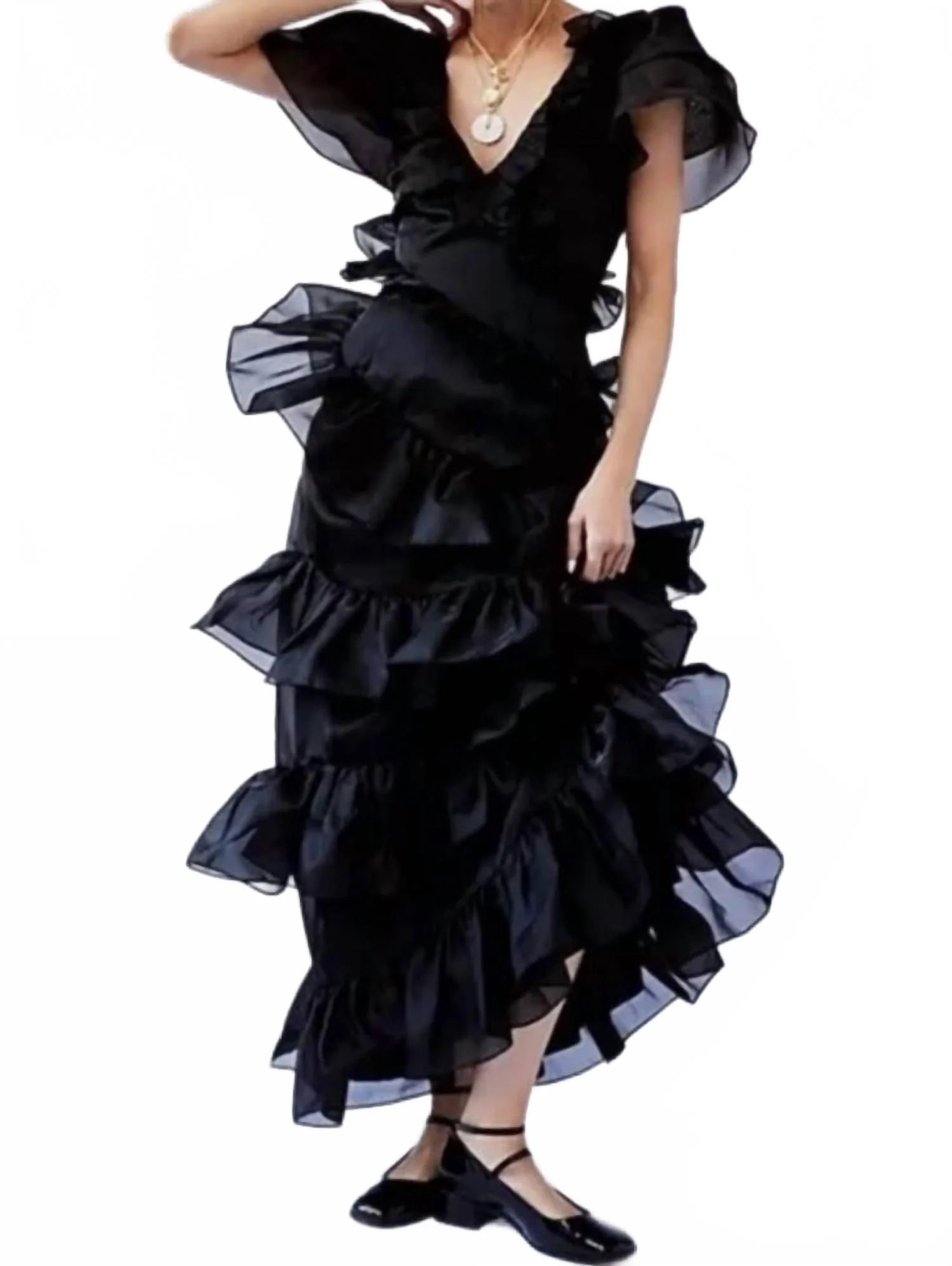 Elfin Maxi Dress Ruffle In Caviar | Shop Simon