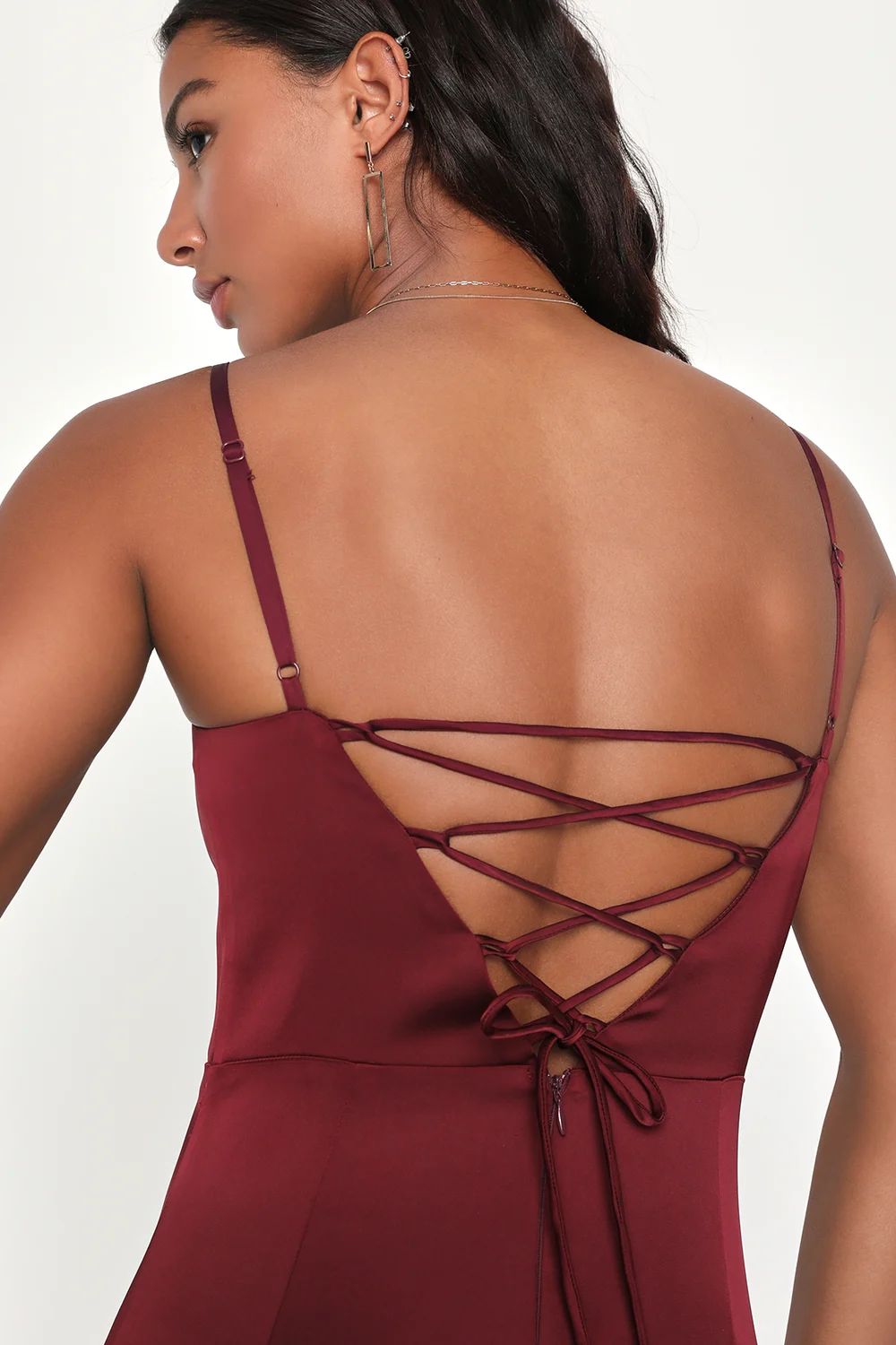 Chic Soiree Wine Red Lace-Up Mermaid Maxi Dress | Lulus (US)