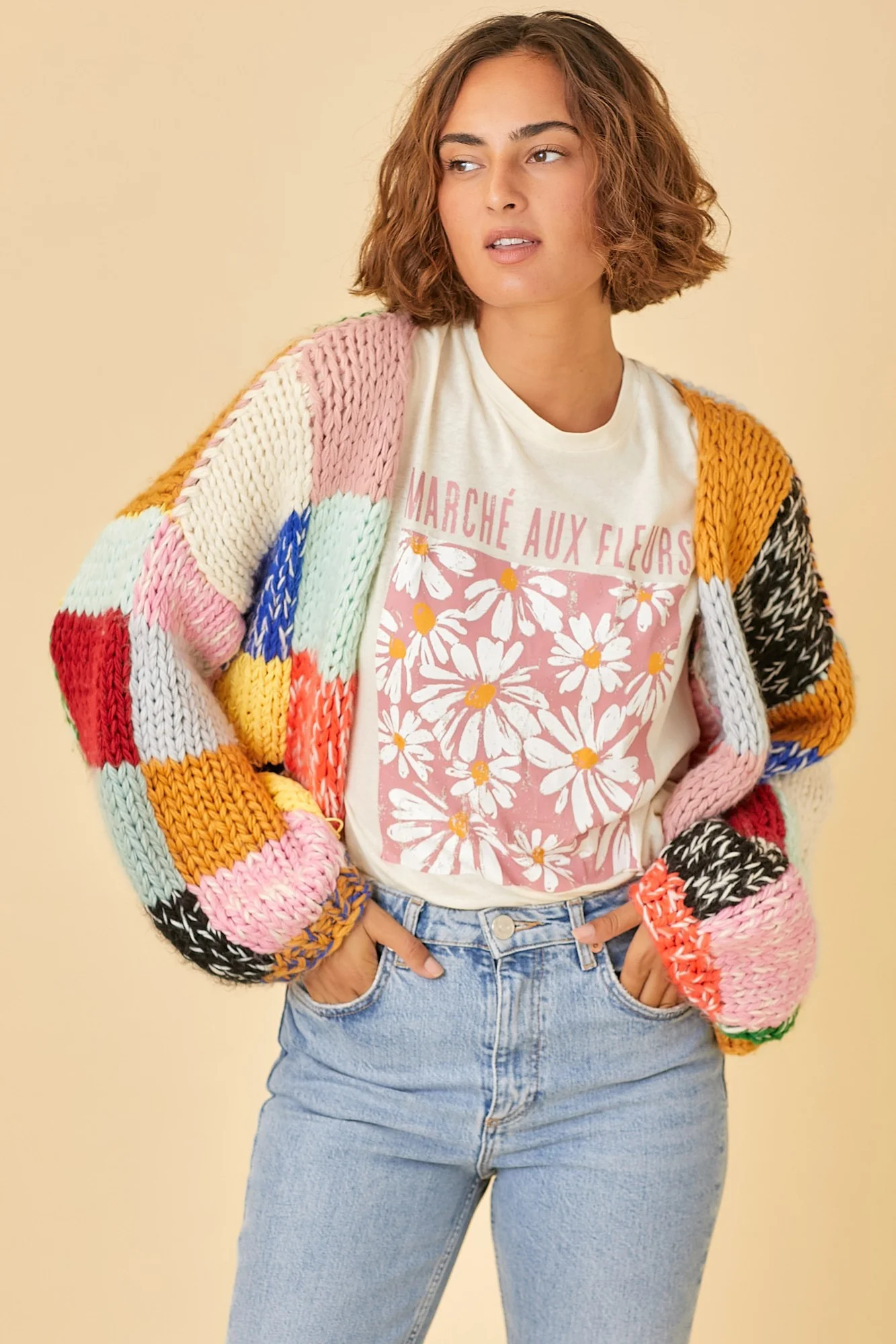 Multicolor Color Block Checkered Thick Knit Cardigan - Small | PinkBlush Maternity
