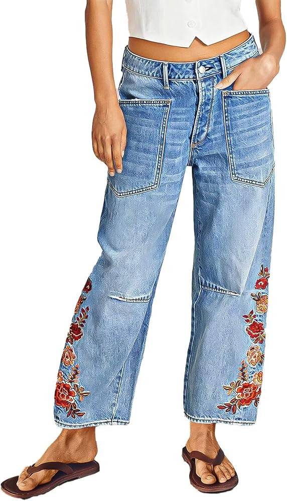 Flamingals Women's Mid Rise Straight Leg Raw Hem Embroidery Side Stitch Detail Casual Jeans | Amazon (US)