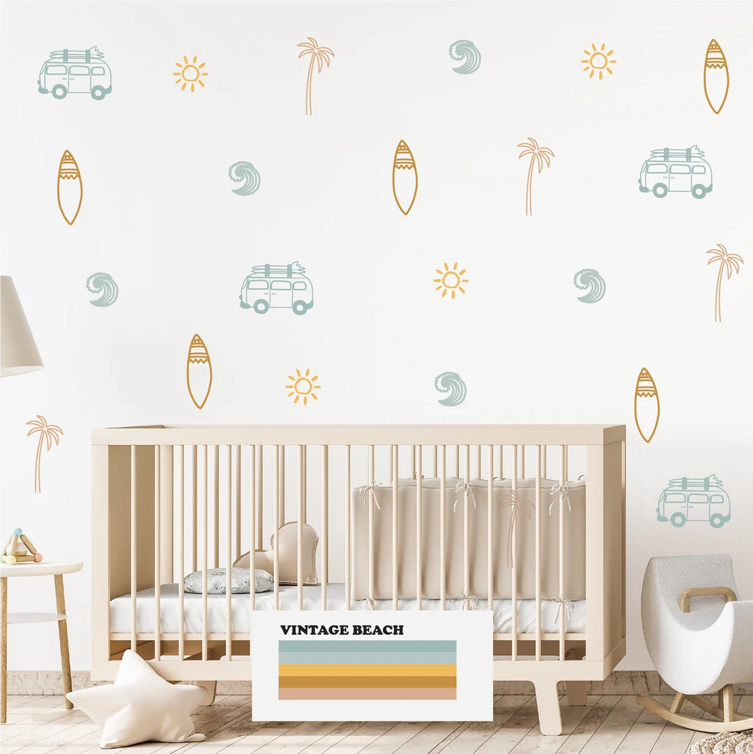 Ocean Wall Decals, Surf Wave Retro Van Ocean Wall Decals, Palm Tree Decals, Sun Wall Decals, Boys... | Etsy (US)