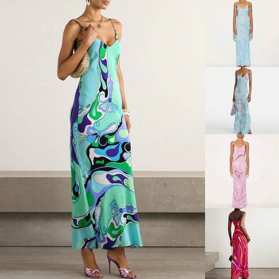 LocalEuropean And American Summer Fashion Women Printed Sexy V Neck Slit Strap Dress For Hot Girl... | SHEIN