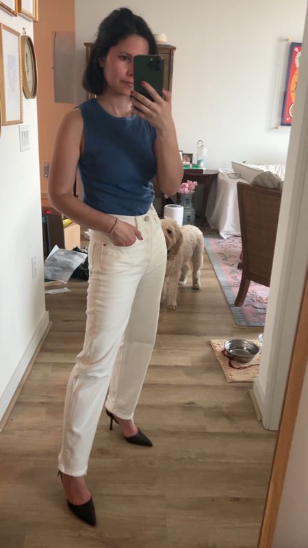 Dinner outfit, petite, brami, braless, built in tank, over 30, white jeans, Jimmy Choo slingbacks, blue tank, wear to work 

#LTKstyletip #LTKfindsunder100 #LTKworkwear