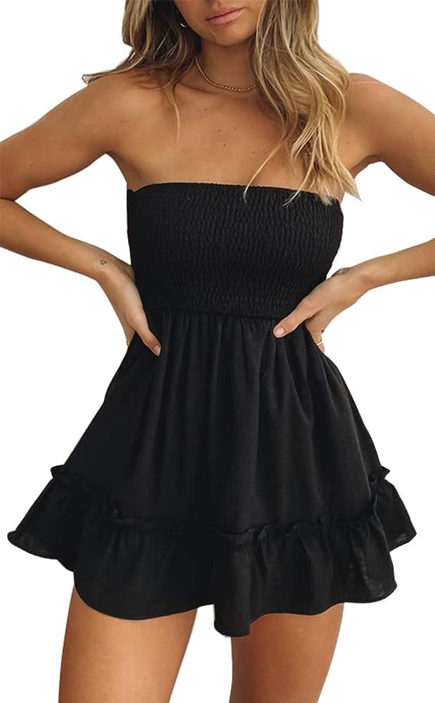 Tube Top Dress for Women Summer Solid Strapless Mini Dresses, Off The Shoudle Ruffle Beach Dress | Amazon (US)